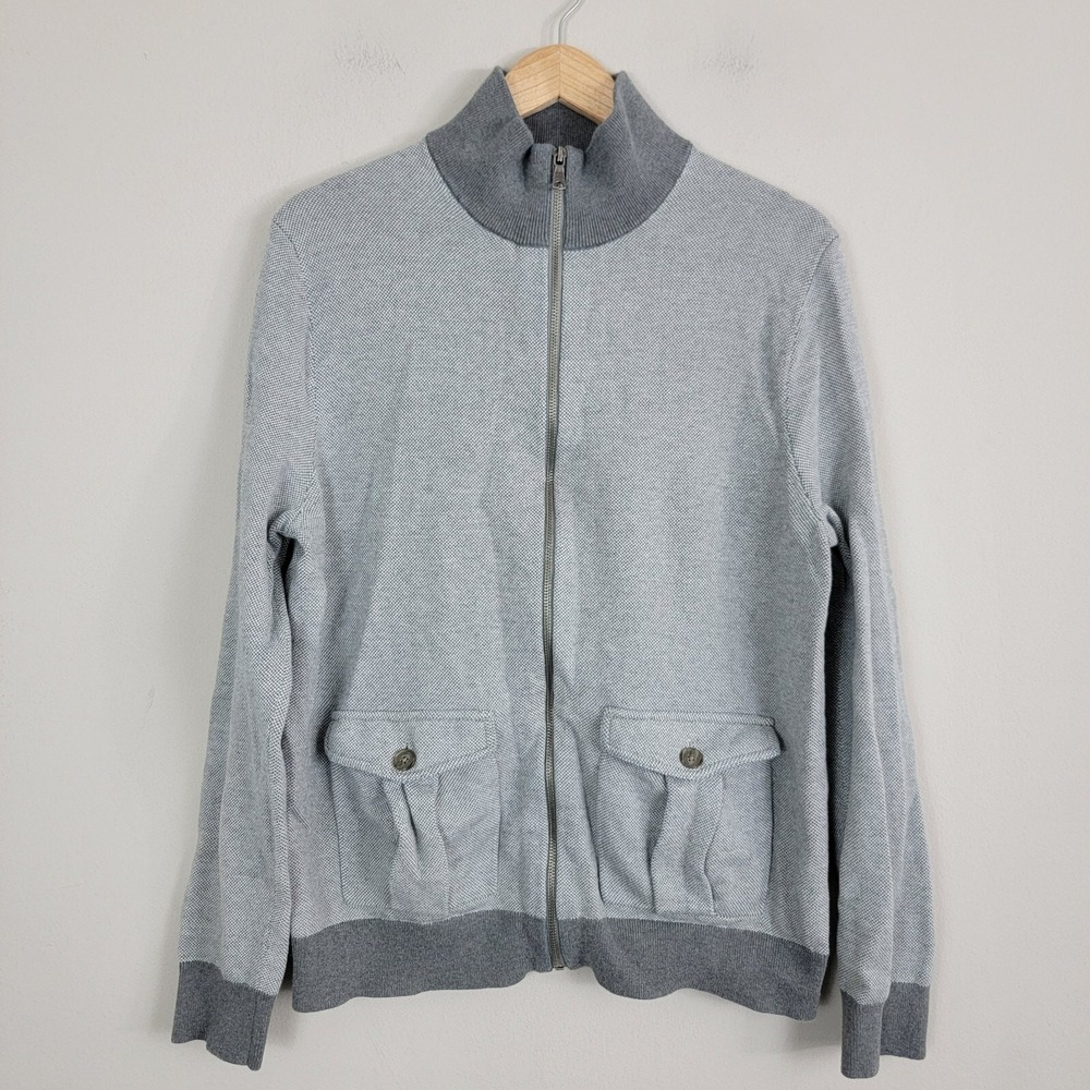Banana Republic Sweater Men Size L Gray Full Zip Mock Pockets Cotton Long Sleeve